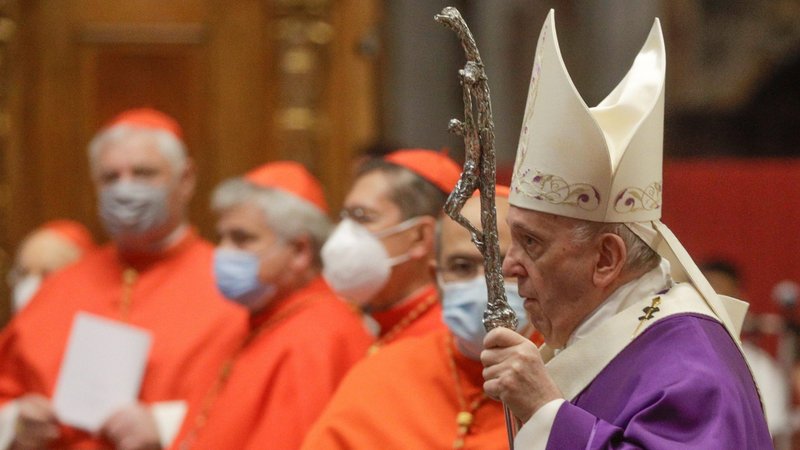 Pope Francis arrives to celebrate a Mass with new cardinals in St. Peter's Basilica at the Vatican Nov. 29, 2020. (CNS photo/Gregorio Borgia, Reuters pool)