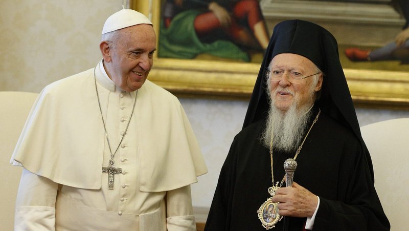 Pope Francis is pictured with Ecumenical Patriarch Bartholomew of Constantinople during a meeting at the Vatican in this May 26, 2018, file photo. The pope wrote a message to the patriarch marking the Nov. 30 feast of St. Andrew the Apostle, the patriarchate's patron saint. (CNS photo/Paul Haring)