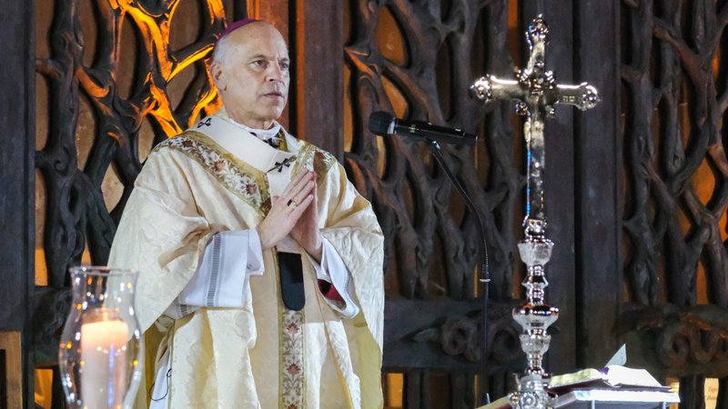 San Francisco Archbishop Salvatore J. Cordileone celebrates Mass outside the Cathedral of St. Mary of the Assumption as part of a rosary rally Oct. 3, 2020. The event drew about 700 people. (CNS photo/Dennis Callahan, Archdiocese of San Francisco)