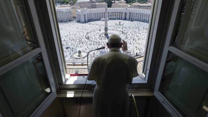 Pope Francis delivers his blessing from his studio window overlooking St. Peter's Square at the Vatican, Sunday, May 31, 2020. (Vatican News/AP via Crux)