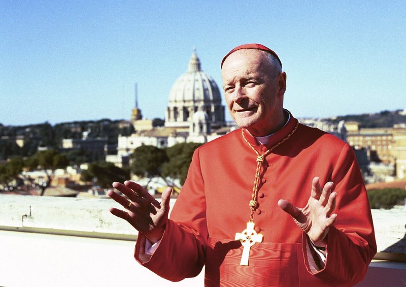 Former cardinal Theodore E. McCarrick addresses the media on the roof of the North American College in Rome in 2001. (Catholic News Service/Carol Zimmerman)