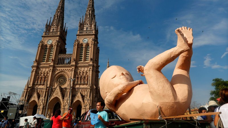 A giant baby sculpture is seen during a pro-life rally outside the Basilica of Our Lady of Lujan in Buenos Aires, Argentina, on International Women's Day, March 8, 2020. (CNS photo/Agustin Marcarian, Reuters) See ARGENTINA-ABORTION-REGULATIONS July 28, 2020.