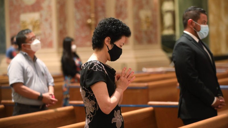 People pray during an Aug. 28, 2020, Mass of Peace and Justice at the Cathedral of St. Matthew the Apostle in Washington D.C. (CNS photo/Andrew Biraj, Catholic Standard)