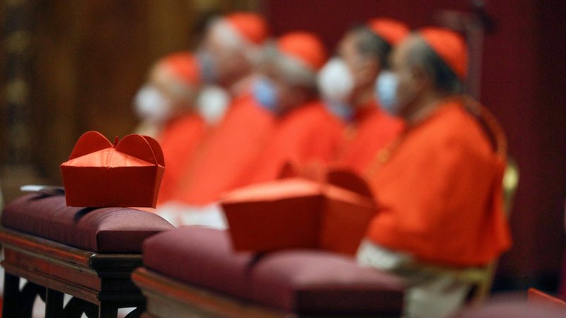 Red birettas are pictured during Pope Francis' Mass with new cardinals in St. Peter's Basilica at the Vatican Nov. 29, 2020. (CNS photo/Gregorio Borgia, Reuters pool)
