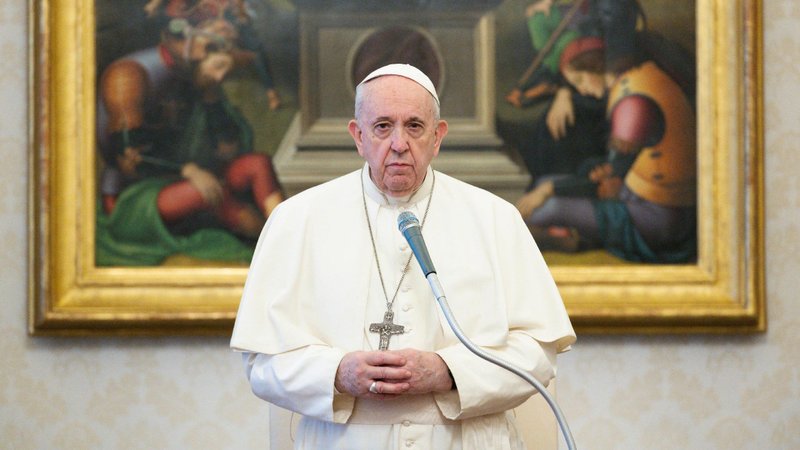 Pope Francis leads his general audience in the papal library of the Apostolic Palace at the Vatican Dec. 2, 2020. The pope continued his series of talks on prayer and reflected on the theme of blessings. (CNS photo/Vatican Media)