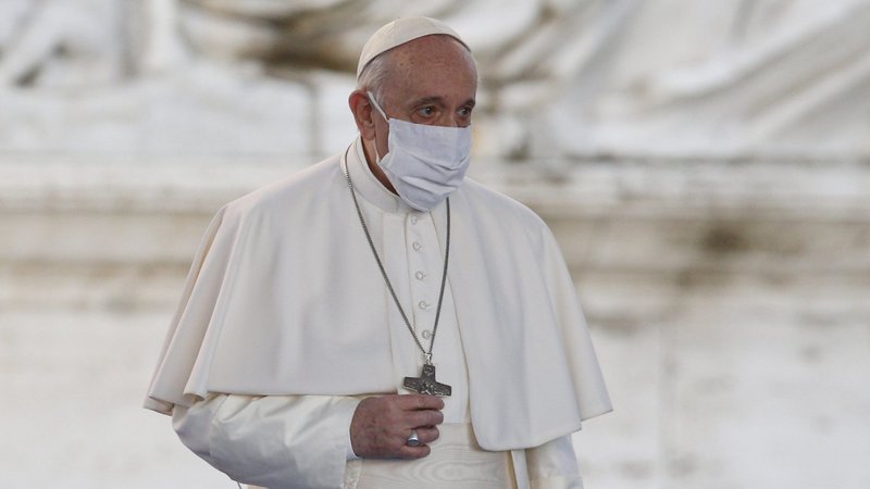 Pope Francis wears a mask as he attends an encounter to pray for peace in Piazza del Campidoglio in Rome in this Oct. 20, 2020, file photo. The pope has worn a mask for protection from COVID-19 on a handful of occasions. (CNS photo/Paul Haring)