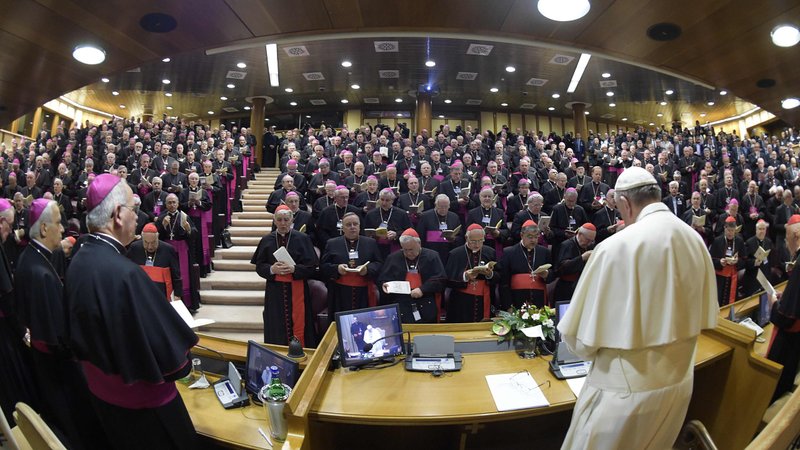 Pope Francis attends the opening session of the annual assembly of the Italian bishops at the Vatican in this May 16, 2016, file photo. In a Dec. 18 statement, the Italian bishops' conference said that in 2019 it distributed $1.2 billion received from Italy's income tax apportionment program. The money is used to pay priests' salaries, maintain churches and parish ministries and support charitable projects. (CNS photo/Vatican Media)
