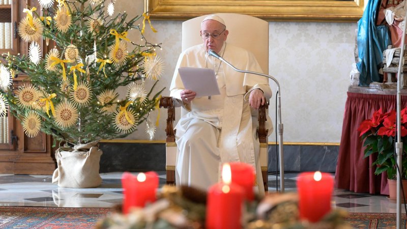 Pope Francis leads his weekly general audience Dec. 23, 2020, from the library of the Apostolic Palace at the Vatican. The pope said that in many places consumerism has highjacked Christmas, so Christians must make sure their celebrations focus on the goodness of God who sent Jesus to save all people. (CNS photo/Vatican Media)