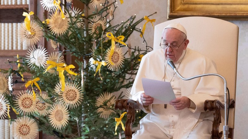 Pope Francis leads his weekly general audience from the library of the Apostolic Palace at the Vatican Dec. 30, 2020. In his main talk, the pope focused on the importance of thanking God and letting others see one's gratitude. (CNS photo/Vatican Media)