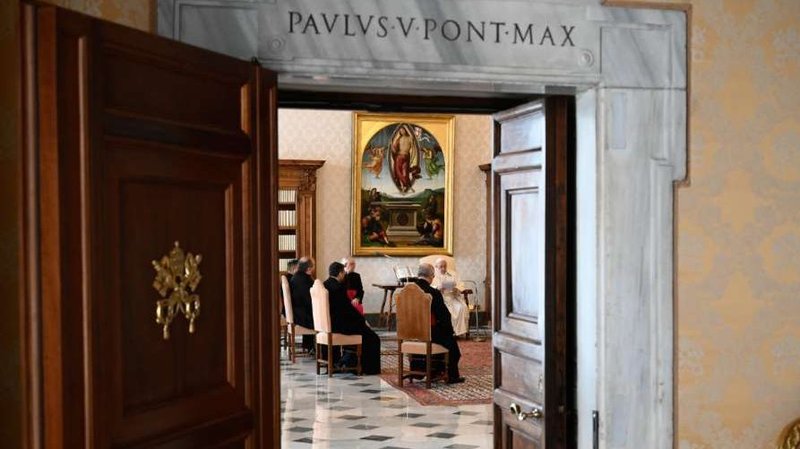 Pope Francis speaks during the general audience in the library of the Apostolic Palace Dec. 9, 2020. (Vatican Media via CNA)