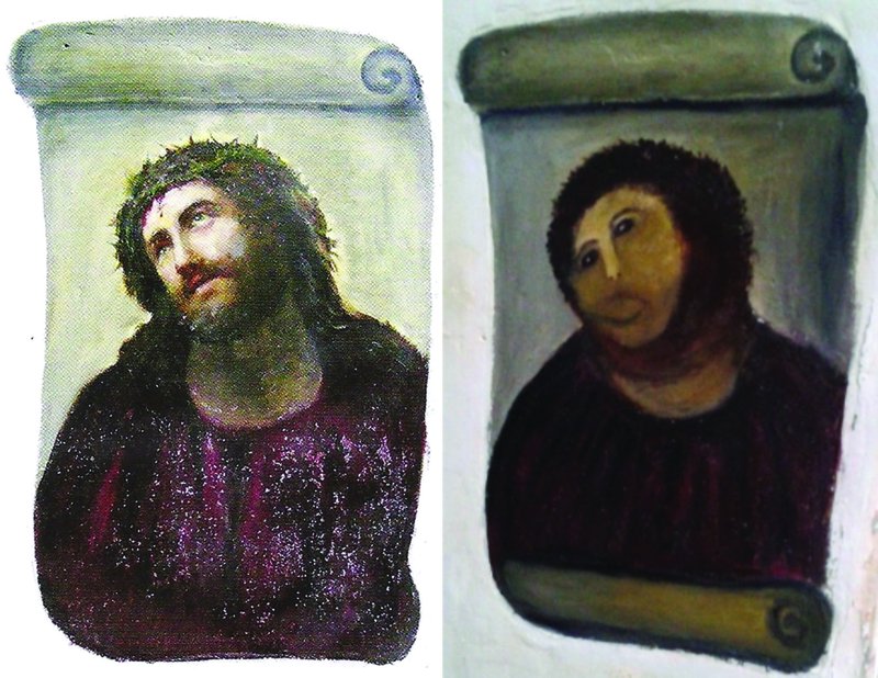 "Ecce Homo" before and after Cecilia Giménez's 2012 attempted restoration of the fresco. (Wikimedia Commons)