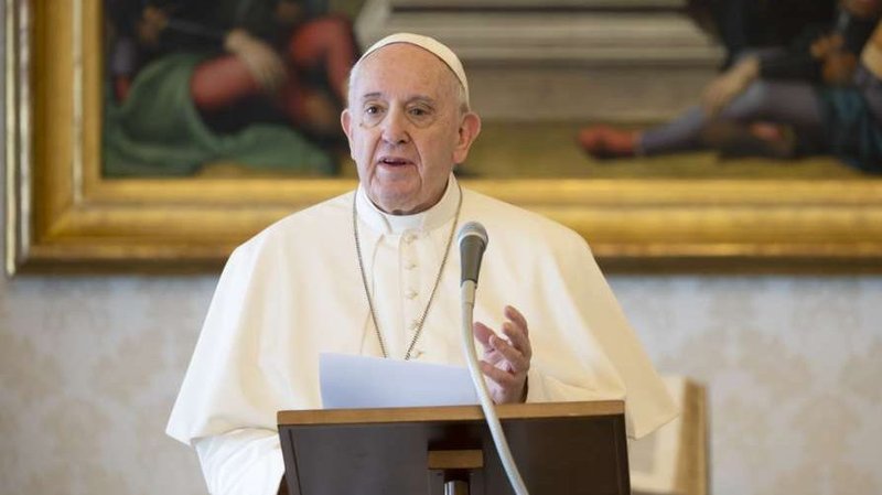 Pope Francis gives an address in the library of the Apostolic Palace. (Vatican Media via CNA)