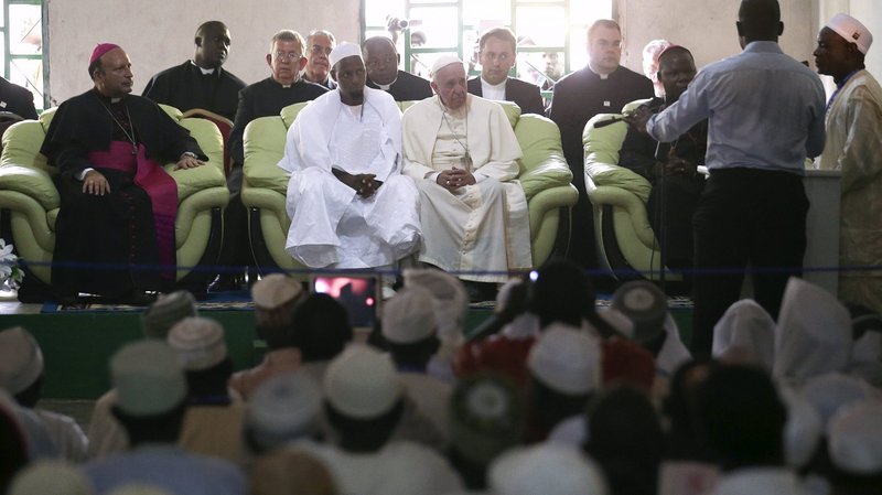 Pope Francis sits next to Imam Tidiani Moussa Naibi during a Nov. 30 meeting with the Muslim community at the Koudoukou mosque in Bangui, Central African Republic. (CNS photo/Stefano Rellandini, Reuters)