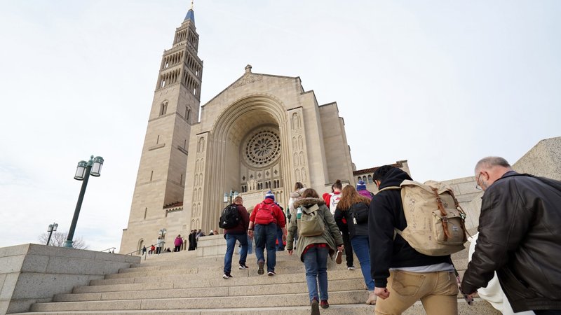 People arrive for the National Prayer Vigil for Life Jan. 23, 2020, at the Basilica of the National Shrine of the Immaculate Conception in Washington. Because of the coronavirus pandemic, the 2021 vigil will only be broadcast Jan. 28 at 8 P.M. ET, and then bishops from across the country will take turns leading livestreamed Holy Hours throughout the all-night vigil. (CNS photo/Gregory A. Shemitz)