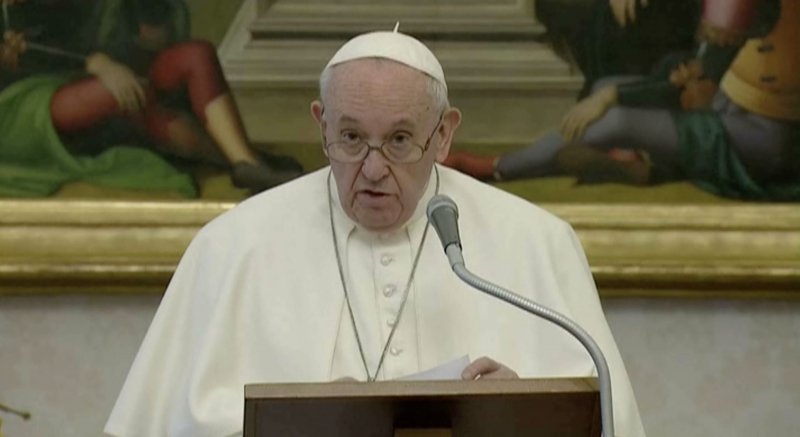 Pope Francis speaks as he leads the Angelus from the Apostolic Palace at the Vatican Jan. 10, 2021, in this still image taken from video. The pope offered prayers for the people of the United States "shaken by the recent siege on Congress" and prayed for the five people who lost their lives when protesters stormed the Capitol Jan. 6. (CNS photo/Vatican Media via Reuters)