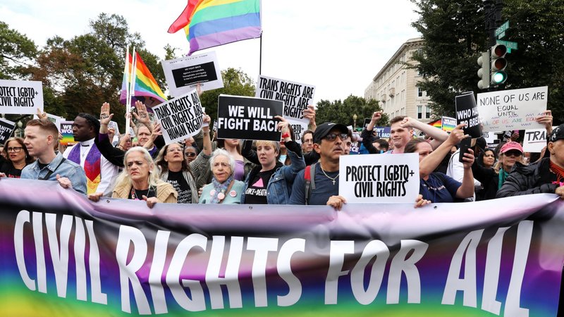 Activists and supporters block the street outside the U.S. Supreme Court in Washington Oct. 8, 2019, as it hears arguments in three major employment discrimination cases on whether federal civil rights law prohibiting workplace discrimination on the "basis of sex" covers gay and transgender employees. (CNS photo/Jonathan Ernst, Reuters)