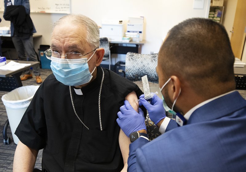 Archbishop Gomez and Auxiliary Bishop Alex Aclan both received the first dose of the Pfizer-BioNTech COVID-19 vaccine the morning of Jan. 21 at Providence St. John's Health Center in Santa Monica. (Victor Alemán/Angelus News)