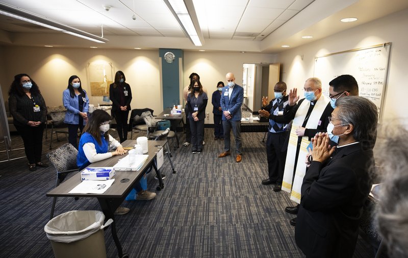 Archbishop Gomez and Auxiliary Bishop Alex Aclan both received the first dose of the Pfizer-BioNTech COVID-19 vaccine the morning of Jan. 21 at Providence St. John's Health Center in Santa Monica. (Victor Alemán/Angelus News)