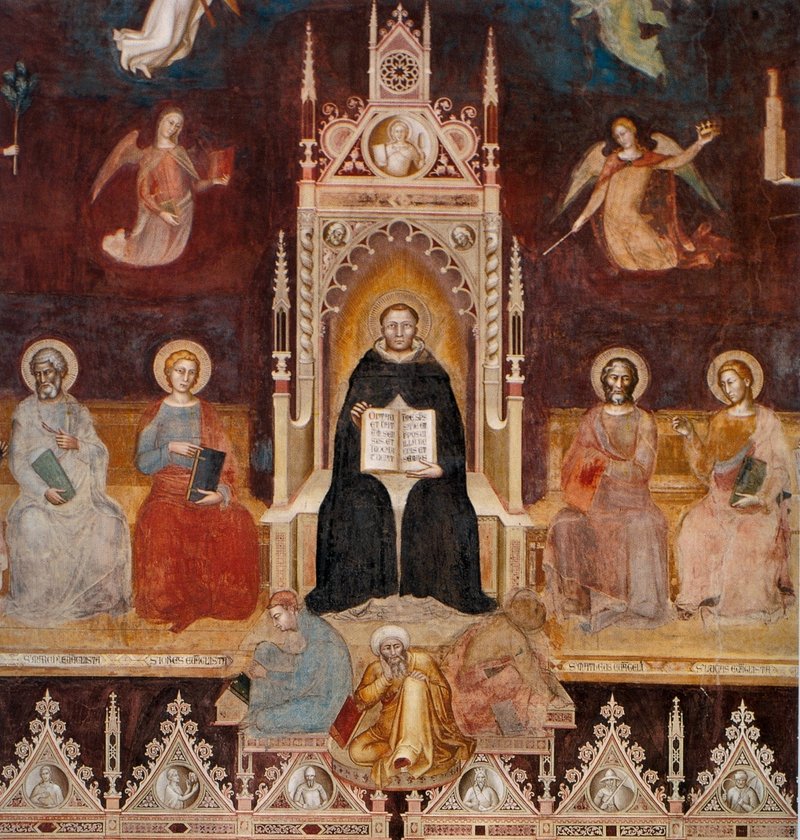 Triumph of St. Thomas Aquinas, "Doctor Angelicus", with saints and angels, Andrea di Bonaiuto, 1366. Basilica of Santa Maria Novella, fresco. (Wikipedia)