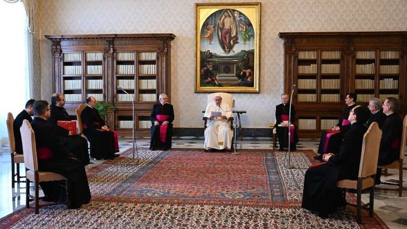 Pope Francis delivers his general audience address in the library of the Apostolic Palace Jan. 20, 2021. (Pablo Esparza/CNA)
