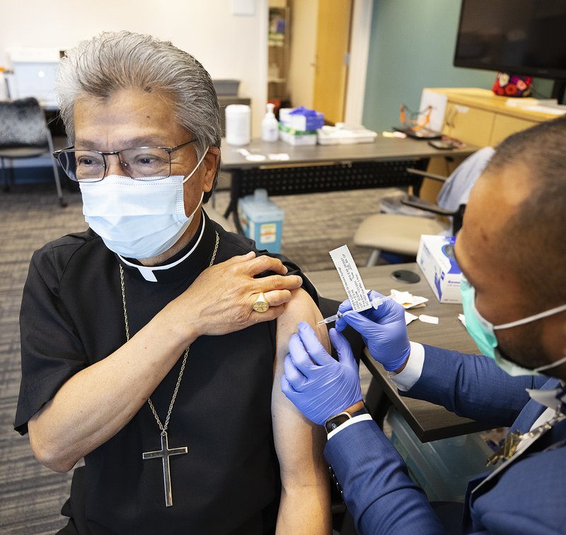 Archbishop Gomez and Auxiliary Bishop Alex Aclan both received the first dose of the Pfizer-BioNTech COVID-19 vaccine the morning of Jan. 21 at Providence St. John's Health Center in Santa Monica. (Victor Alemán/Angelus News)