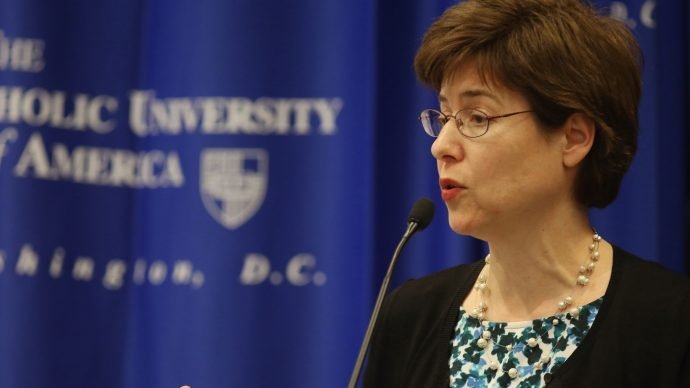 Melissa Rogers, head of the White House Office of Faith-based and Neighborhood Partnerships, speaks during a forum on ending extreme poverty around the world at The Catholic University of America in Washington April 28. (CNS/Bob Roller via Crux)