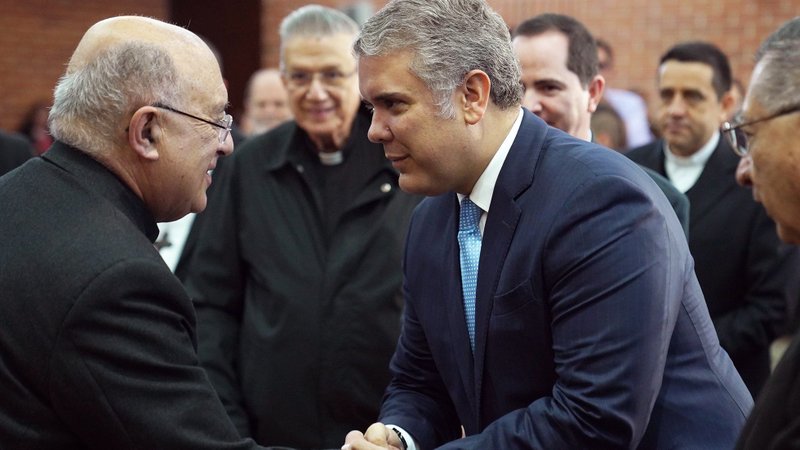 Colombian President Ivan Duque greets bishops Aug. 14, 2019, at a preparatory meeting in Bogota for this year's Synod of Bishops for the Amazon. (CNS photo/Manuel Rueda)
