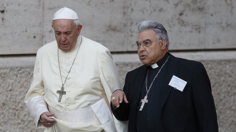 Pope Francis and now Cardinal Marcello Semeraro, prefect of the Congregation for Saints' Causes, arrive for a session of the Synod of Bishops for the Amazon at the Vatican in this Oct. 15, 2019, file photo. (CNS photo/Paul Haring)