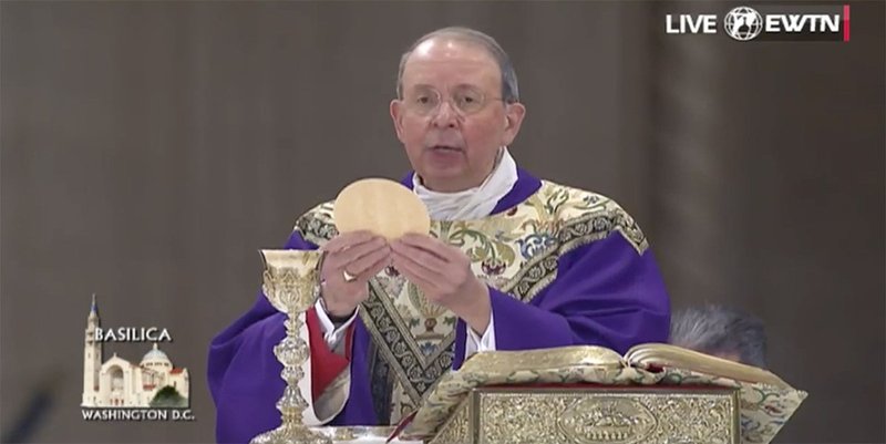 This is a screen grab of Baltimore Archbishop William E. Lori celebrating the closing Mass of the National Prayer Vigil for Life at the Basilica of the National Shrine of the Immaculate Conception in Washington Jan. 29, 2021, amid the coronavirus pandemic. (CNS screen grab/EWTN Broadcast)
