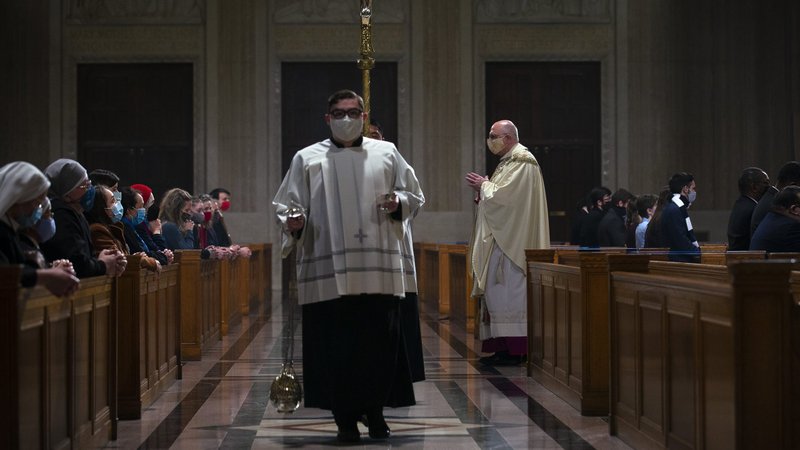 Archbishop Joseph F. Naumann of Kansas City, Kan., chairman of the U.S. bishops' Committee on Pro-Life Activities, processes out after the opening Mass of the National Prayer Vigil for Life at the Basilica of the National Shrine of the Immaculate Conception in Washington Jan. 28, 2021, amid the coronavirus pandemic. (CNS photo/Tyler Orsburn)