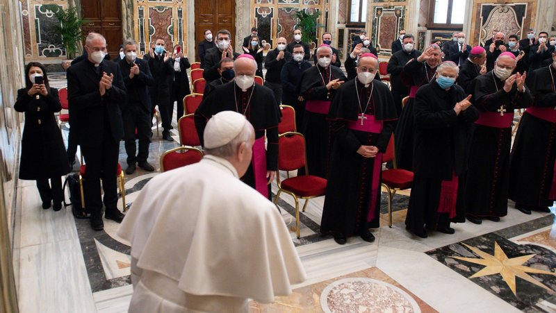 Pope Francis arrives for an audience with participants in a meeting organized by the Italian bishops' National Catechetical Office, at the Vatican Jan. 30, 2021. (CNS photo/Vatican Media)