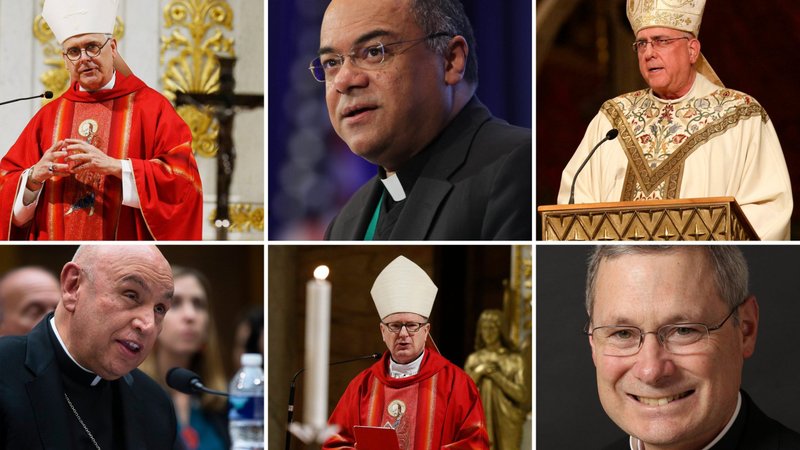This is a composite photo of the chairmen of six U.S. Conference of Catholic Bishops' committees who wrote to all members of Congress Feb. 3, 2021, urging passage of an additional COVID-19 relief package. Pictured from top-left are Archbishop Paul S. Coakley of Oklahoma City, Committee on Domestic Justice and Human Development; Bishop Shelton J. Fabre of Houma-Thibodaux, La., Ad Hoc Committee Against Racism; Archbishop Joseph F. Naumann of Kansas City, Kan., Committee on Pro-Life Activities; Auxiliary Bishop Mario E. Dorsonville of Washington, Committee on Migration; Bishop Michael C. Barber of Oakland, Calif., Committee on Catholic Education; and Bishop David J. Malloy of Rockford, Ill., Committee on International Justice and Peace. (CNS composite; photos by Nancy Wiechec, Paul Haring, Bob Roller, Tyler Orsburn and Greg Shemitz)