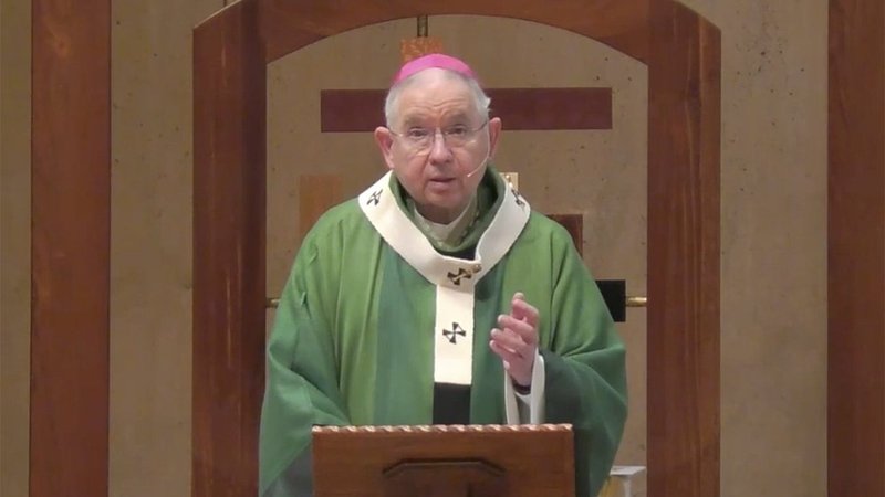 Archbishop José H. Gomez of Los Angeles, president of the U.S. Conference of Catholic Bishops, celebrates the opening Mass of the 2021 Catholic Social Ministry Gathering from the Cathedral of Our Lady of the Angels in Los Angeles Feb. 6. (CNS screen grab/CSMG live-stream)