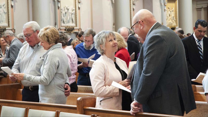 Couples celebrating their 25th and 50th wedding anniversaries in 2020 gather at the Cathedral of the Incarnation in Nashville, Tenn., Feb. 9, for a special World Marriage Day Mass celebrated by Nashville Bishop J. Mark Spalding. World Marriage Day, observed annually on the second Sunday of February, is celebrated Feb. 14 in 2021. (CNS photo/Theresa Laurence, Tennessee Register)