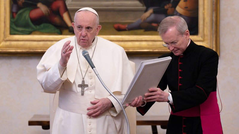 Pope Francis delivers his blessing during his general audience in the library of the Apostolic Palace at the Vatican Feb. 10, 2021. The pope spoke about the importance of daily prayer. (CNS photo/Vatican Media)