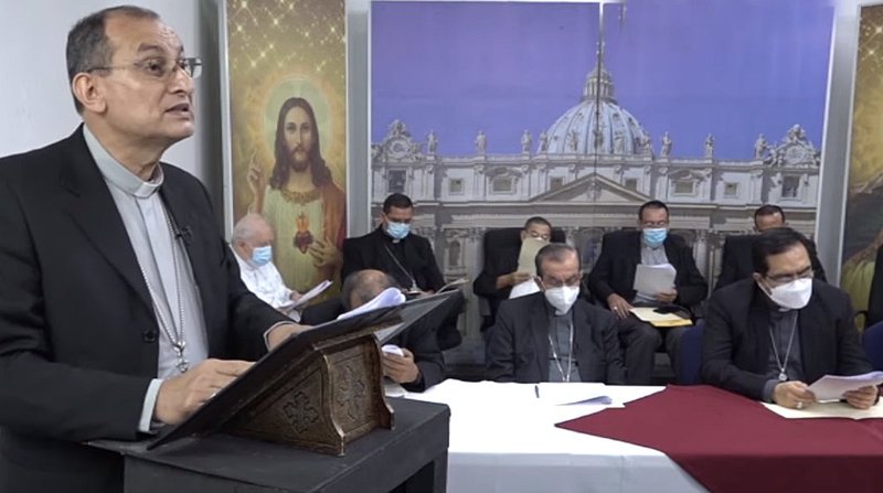 Bishop William Iraheta Rivera of Santiago de Maria, El Salvador, is pictured in a screenshot speaking alongside other Salvadoran bishops during a conference Feb. 9, 2021, about the upcoming legislative elections. (CNS screen grab/Television Catolica El Salvador)