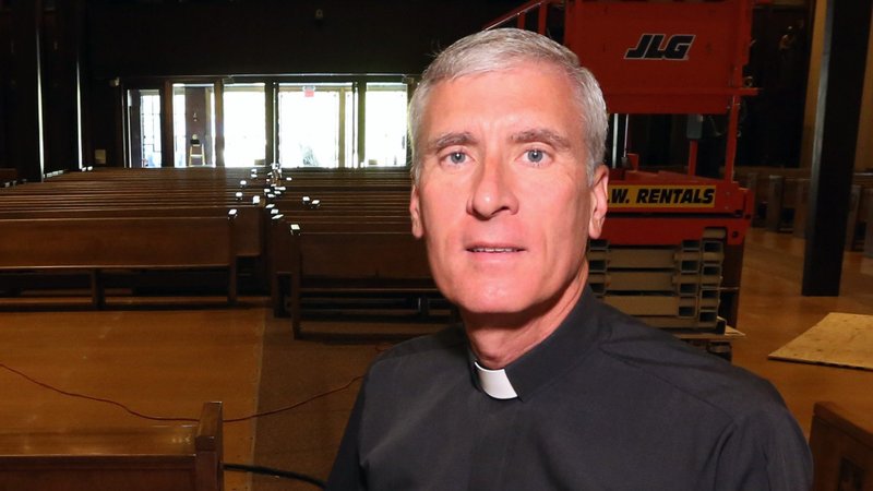 Father Gary W. Janak, vicar general and chancellor of the Diocese of Victoria, Texas, and pastor of the Cathedral of Our Lady of Victory in Victoria, poses Sept. 8, 2017, inside the cathedral that sustained damage from the winds of Hurricane Harvey. On Feb. 15, 2021, Pope Francis appointed Father Janak as an auxiliary bishop for the Archdiocese of San Antonio. (CNS photo/Bob Roller)