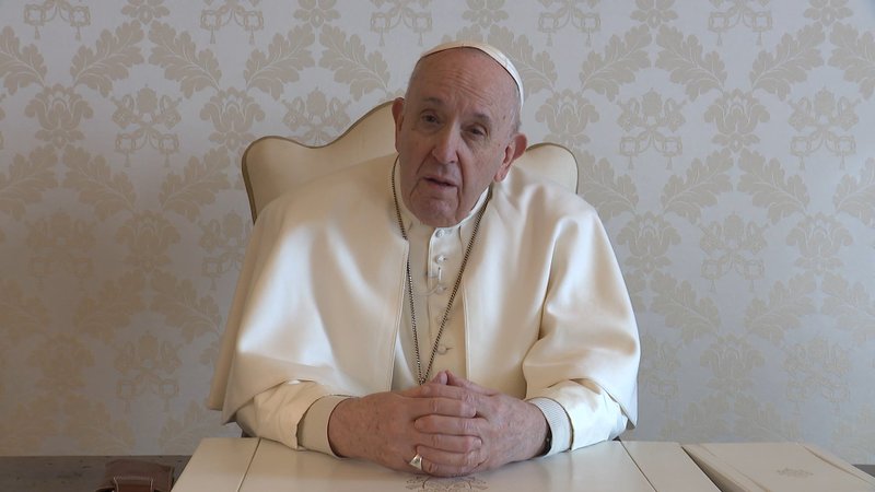 Pope Francis speaks in a video message released Feb. 15, 2021, to mark the "Day of Contemporary Martyrs." In the message, the pope honored the 21 Coptic Christians beheaded on a beach in Libya by members of the Islamic State Feb. 15, 2015. (CNS photo/Holy See Press Office)