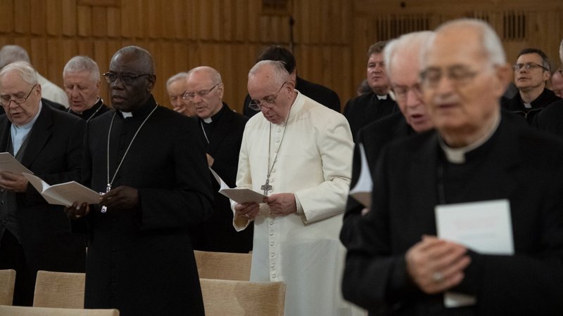 Pope Francis is seen during the Lenten retreat for the Roman Curia in Ariccia, Italy, in this March 10, 2019, file photo. Members of Roman Curia will not meet together this year for their Lenten retreat but will participate individually because of COVID-19. (CNS photo/Vatican Media)