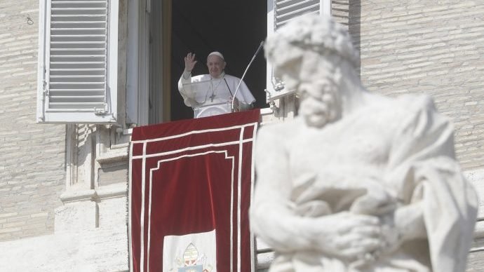 Pope Francis delivers the Angelus noon prayer in St. Peter's Square at the Vatican, Sunday, Feb. 21, 2021. (Gregorio Borgia/AP via Crux)