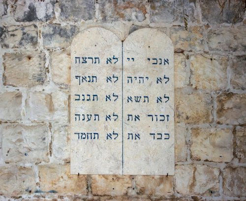 Tablets with the ten commandments of the wall near the grave of King David in the old city of Jerusalem, Israel. (Dmitriy Feldman svarshik/Shutterstock.com)