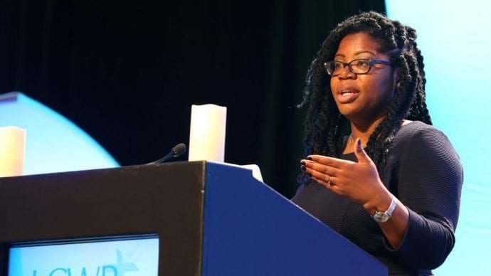 Shannen Dee Williams, assistant professor in the department of history at the University of Tennessee in Knoxville, addresses the Leadership Conference of Women Religious assembly in Atlanta Aug. 10. She spoke about racism and U.S. religious life. (CNS/Michael Alexander, Georgia Bulletin via Crux)