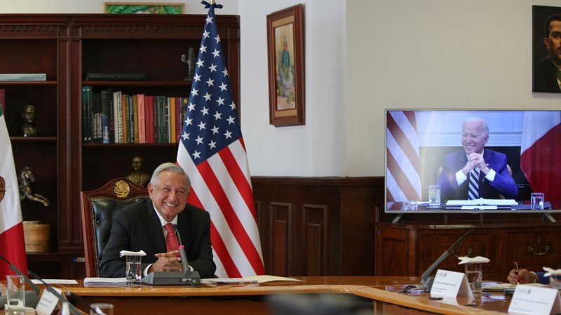 President Manuel Lopez Obrador of Mexico holds a virtual bilateral meeting with President Joe Biden March 1, 2021, from the National Palace in Mexico City. (CNS photo/Mexico's Presidency Office, Handout via Reuters)
