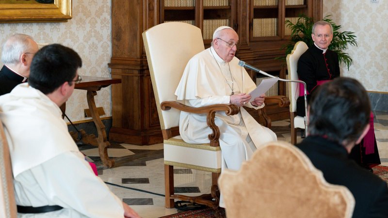 Pope Francis leads his general audience in the library of the Apostolic Palace at the Vatican March 3, 2021. The pope talked about prayer and how Jesus is the open door for a loving dialogue with God. (CNS photo/Vatican Media)