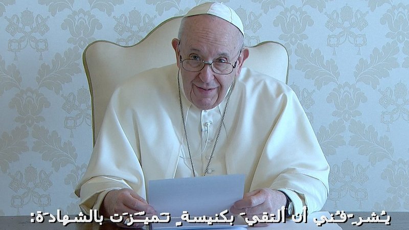 Pope Francis is pictured in a video screenshot delivering a message to the people of Iraq in advance of his March 5-8 visit. Pope Francis said he will visit as a pilgrim of peace and reconciliation, hoping to strengthen a sense of fraternity among all the nation's people of every ethnicity and religion. (CNS screenshot/Vatican Media)