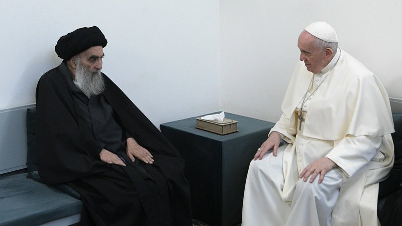Pope Francis and Ayatollah Ali al-Sistani, one of Shiite Islam's most authoritative figures, meet during a courtesy visit in Najaf, Iraq, March 6, 2021. (CNS photo/Vatican Media)