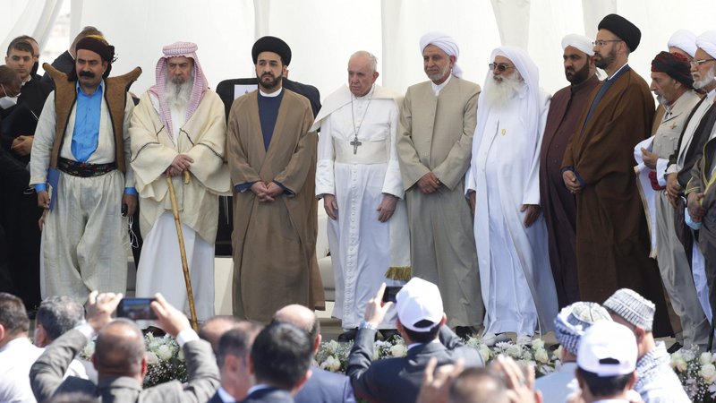 Pope Francis is pictured with religious leaders during an interreligious meeting on the plain of Ur near Nasiriyah, Iraq, March 6, 2021. (CNS photo/Paul Haring)
