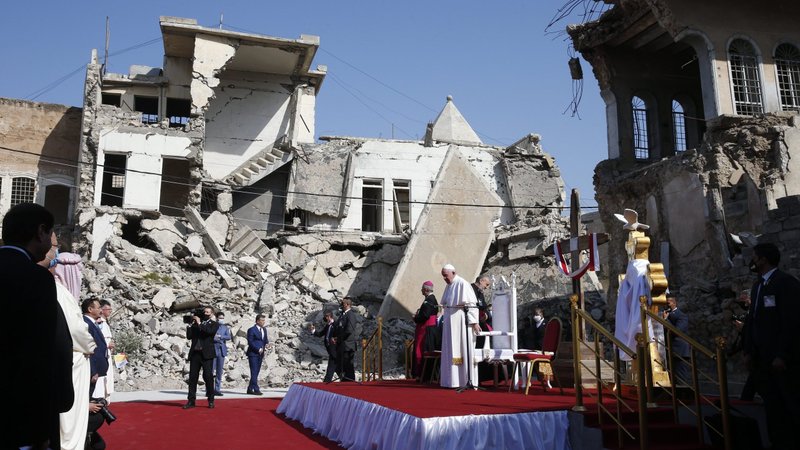 Pope Francis participates in a memorial prayer for the victims of the war at Hosh al-Bieaa (church square) in Mosul, Iraq, March 7, 2021. (CNS photo/Paul Haring)
