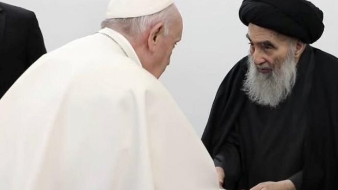 Pope Francis is greeted by Ayatollah Ali al-Sistani, one of Shiite Islam's most authoritative figures, during a courtesy visit in Najaf, Iraq, March 6, 2021. (Grand Ayatollah Ali al-Sistani office, via CNS)