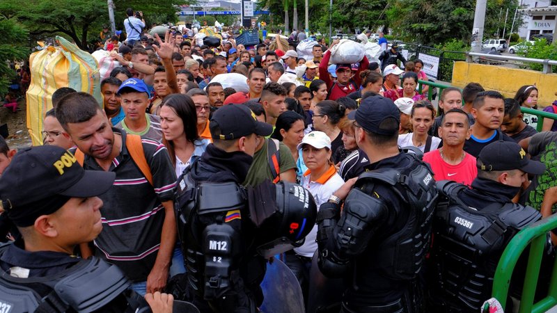 Colombian riot police in Cucuta block the way to the Colombian side in the Colombian-Venezuelan border April 2, 2019. The Biden administration announced March 8, 2021, it is offering 18-months of Temporary Protected Status to about 320,000 Venezuelans in the U.S. who fled their country's economic collapse. (CNS photo/Ferley Ospina, Reuters)